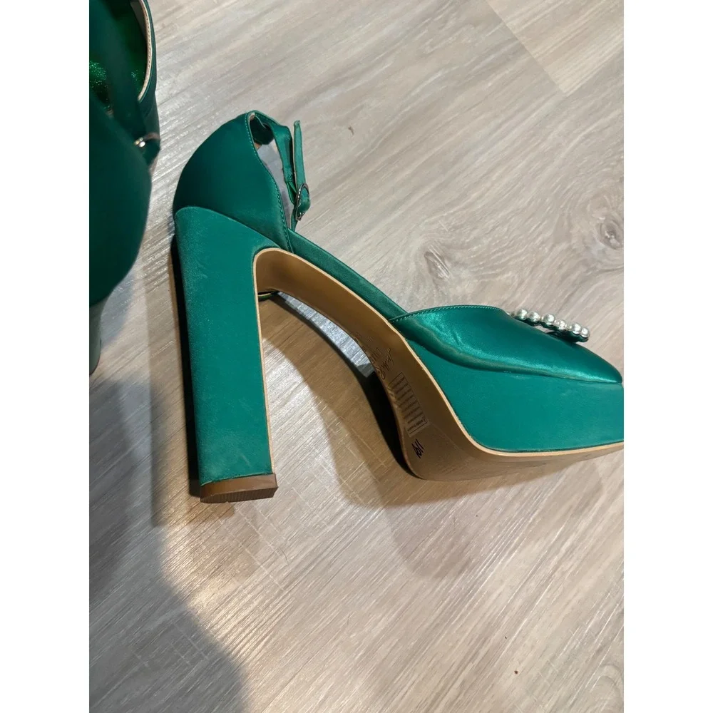 Emerald Green Satin Platform Pumps Pearl Buckle Ankle Strap Block HeelPointedToe